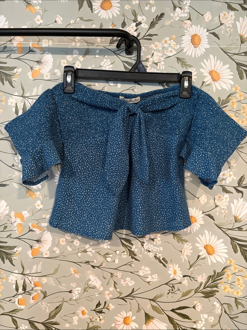 Express Teal Blue Tie-Front Off-Shoulder Crop Top